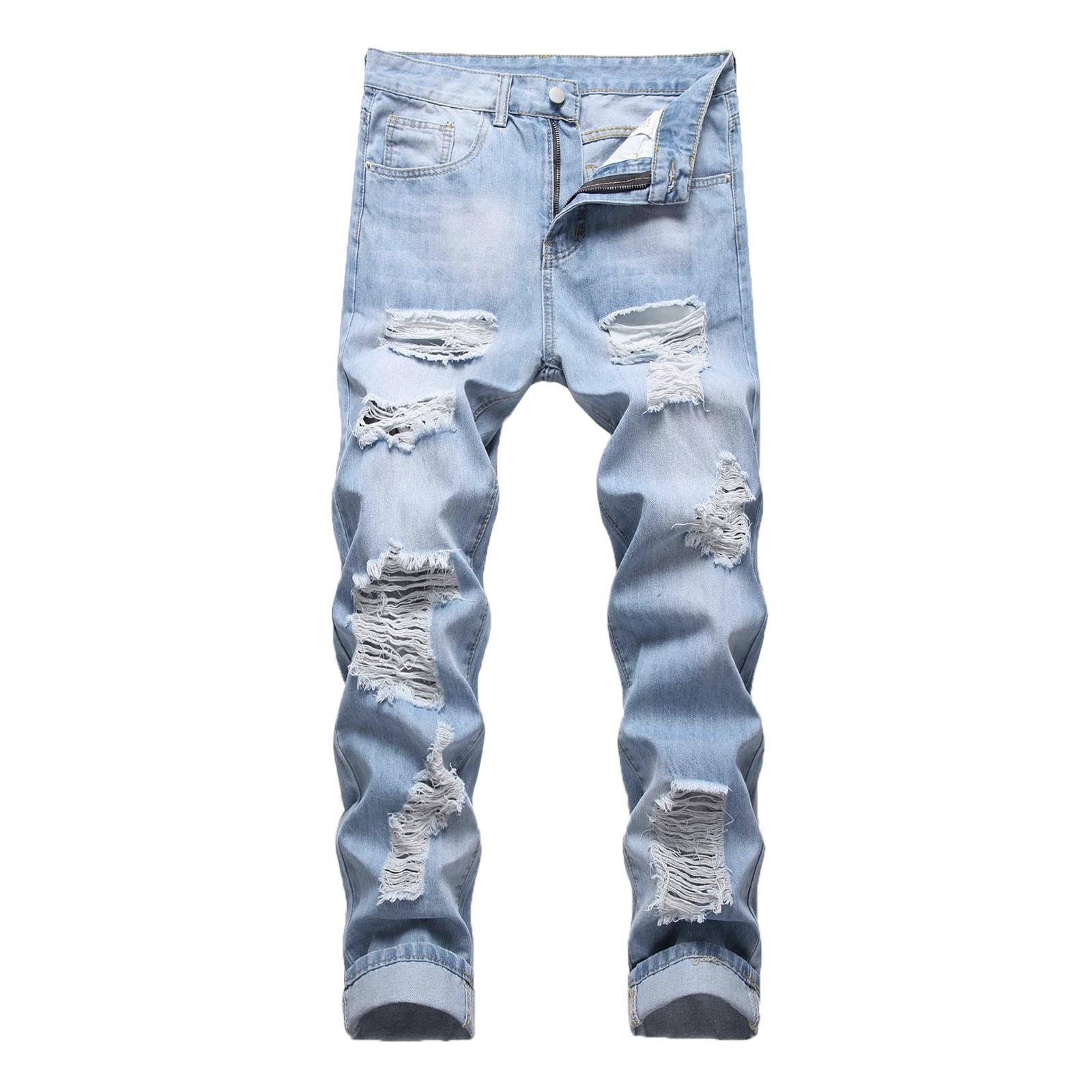 D&H Men Slim Fit Side Zipper Ripped Destroyed Jeans - Blue - FASH STOP